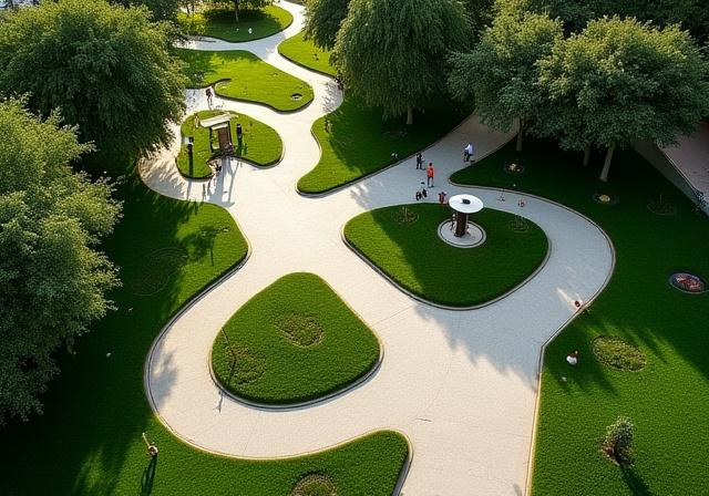Vista aerea di un nuovo parco urbano con percorsi pedonali e aree verdi, Roma