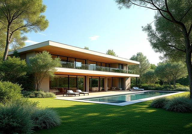 Villa moderna con grandi finestre e giardino lussureggiante, sotto il sole romano